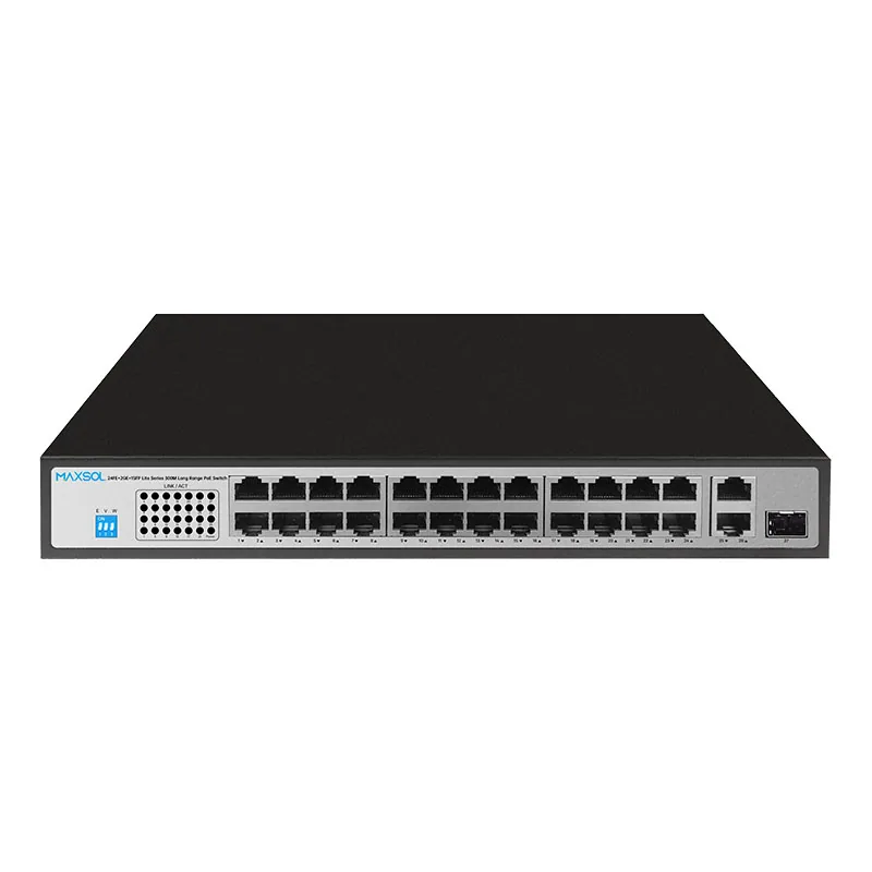 24-poorts Fast-Ethernet-PoE+-switch met Gigabit-uplinks