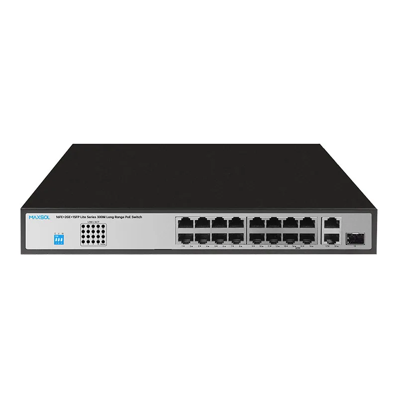 16-poorts Fast-Ethernet-PoE+-switch met Gigabit-uplinks